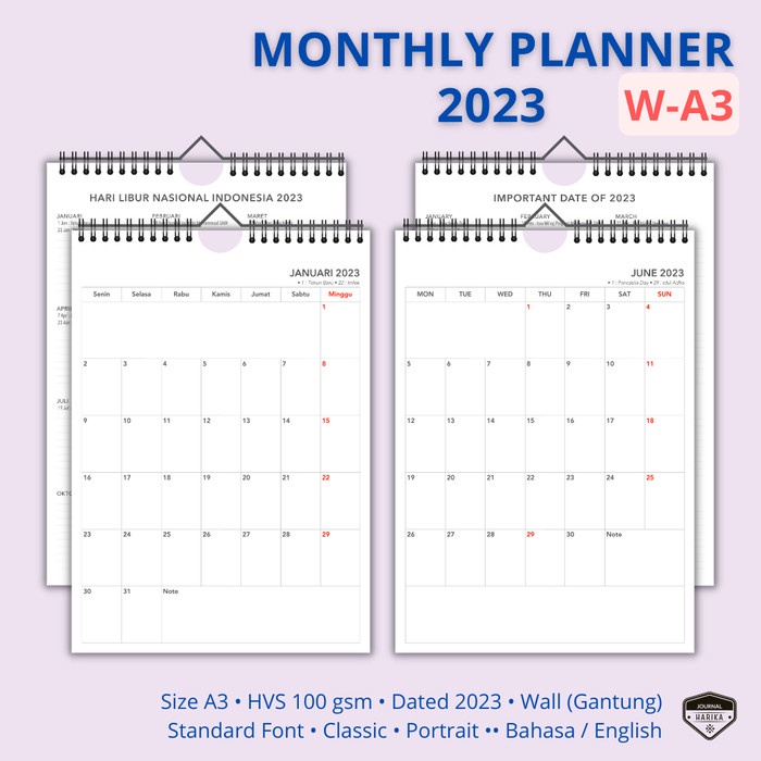 

TERBARU Monthly Planner 2023 / Kalender | A3 / Potrait | Dinding - W.P.Classic.13, Bahasa