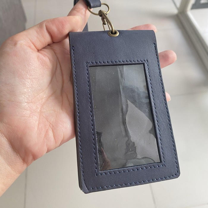 

[PROMO] Double Flip ID Card Holder Magnet Kulit Sapi Asli Name Tag Lanyard - Biru tua