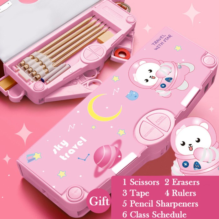 

[New] Kotak Pensil Pola Kartun Lapisan Ganda Tunggal dengan Rautan Kapasitas - Pink SkyTravel