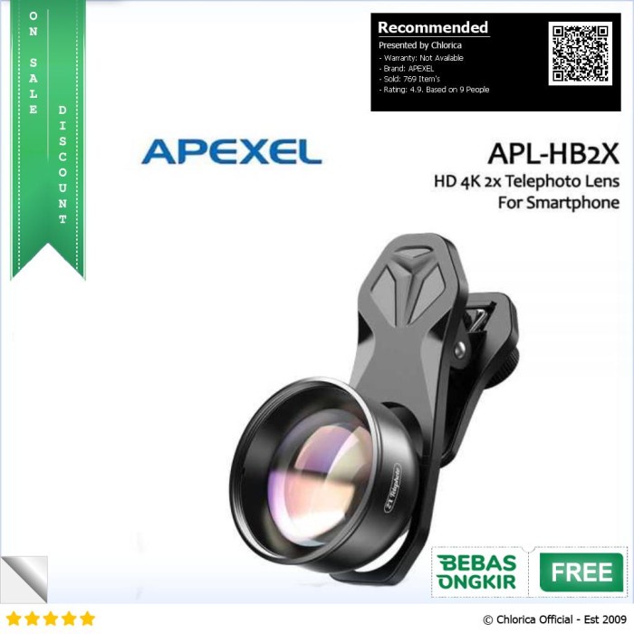 TERBARU APEXEL Lensa Kamera Smartphone Clip 2X Telephoto Lens - APL-HB2X - Hitam, APEXEL