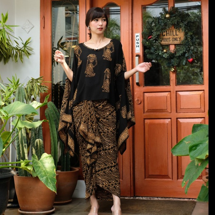 TERBARU Setelan batik modern batwing dan rok rempel - wayang parang - Full Prg Gold, Big