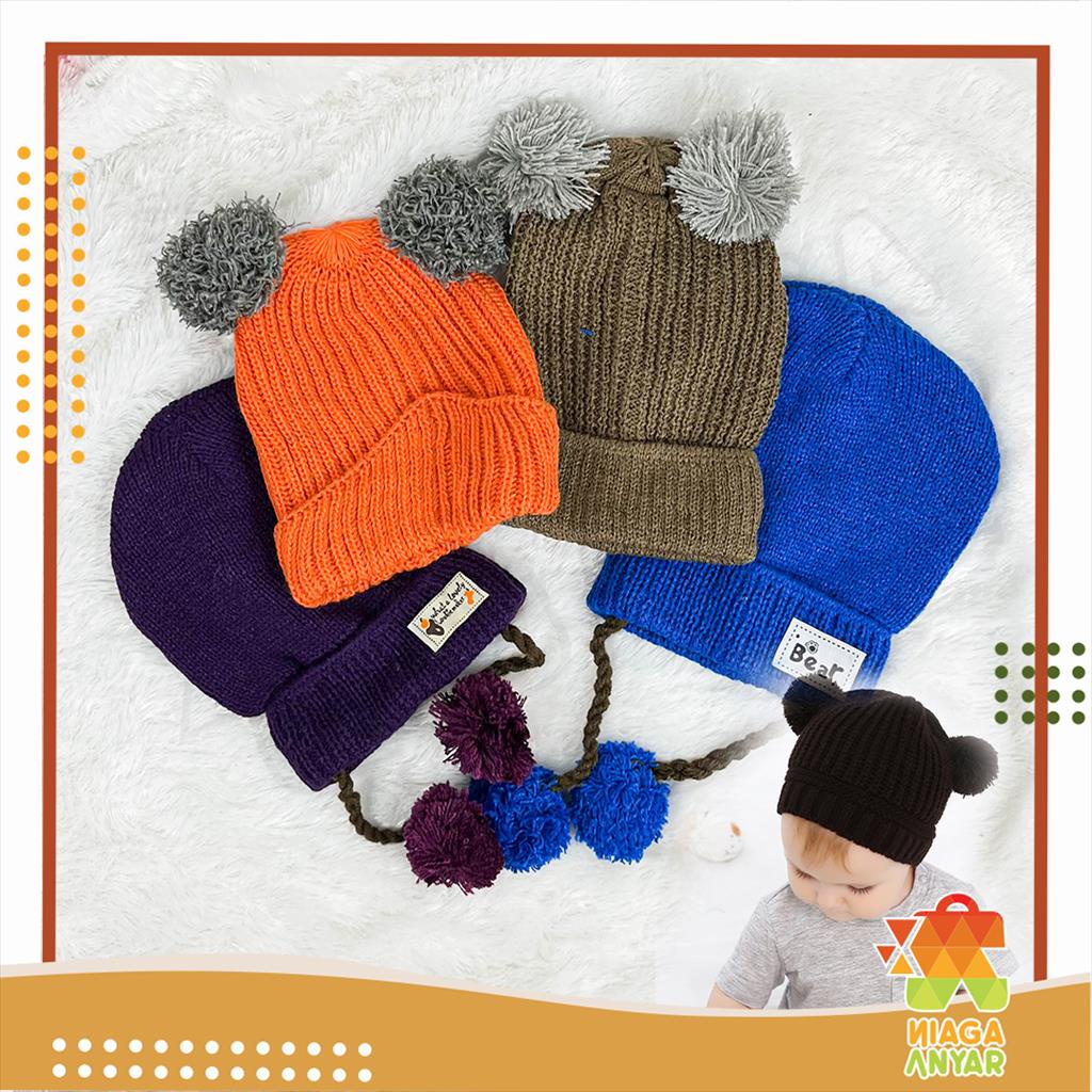NAS Kupluk Bayi Rajut Pompom / Topi Anak Balita Pom Pom Polos 6 Sampai 24 Bulan Laki Laki Perempuan 