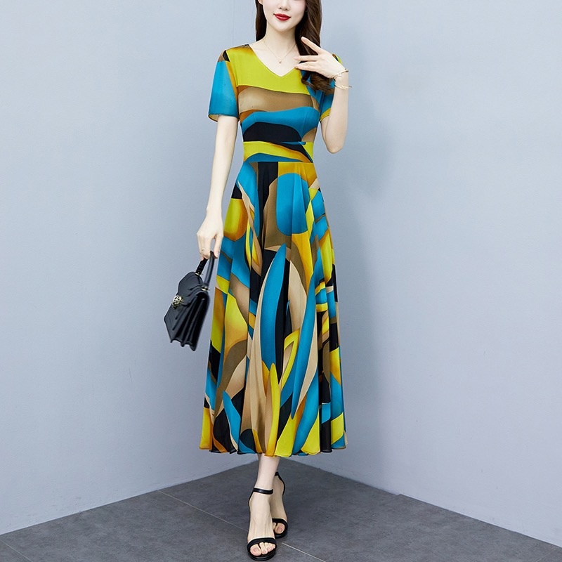 Dress Sifon Jumbo Terbaru/Dress Highwaist Korea Bermotif/Dress Neon V Neck