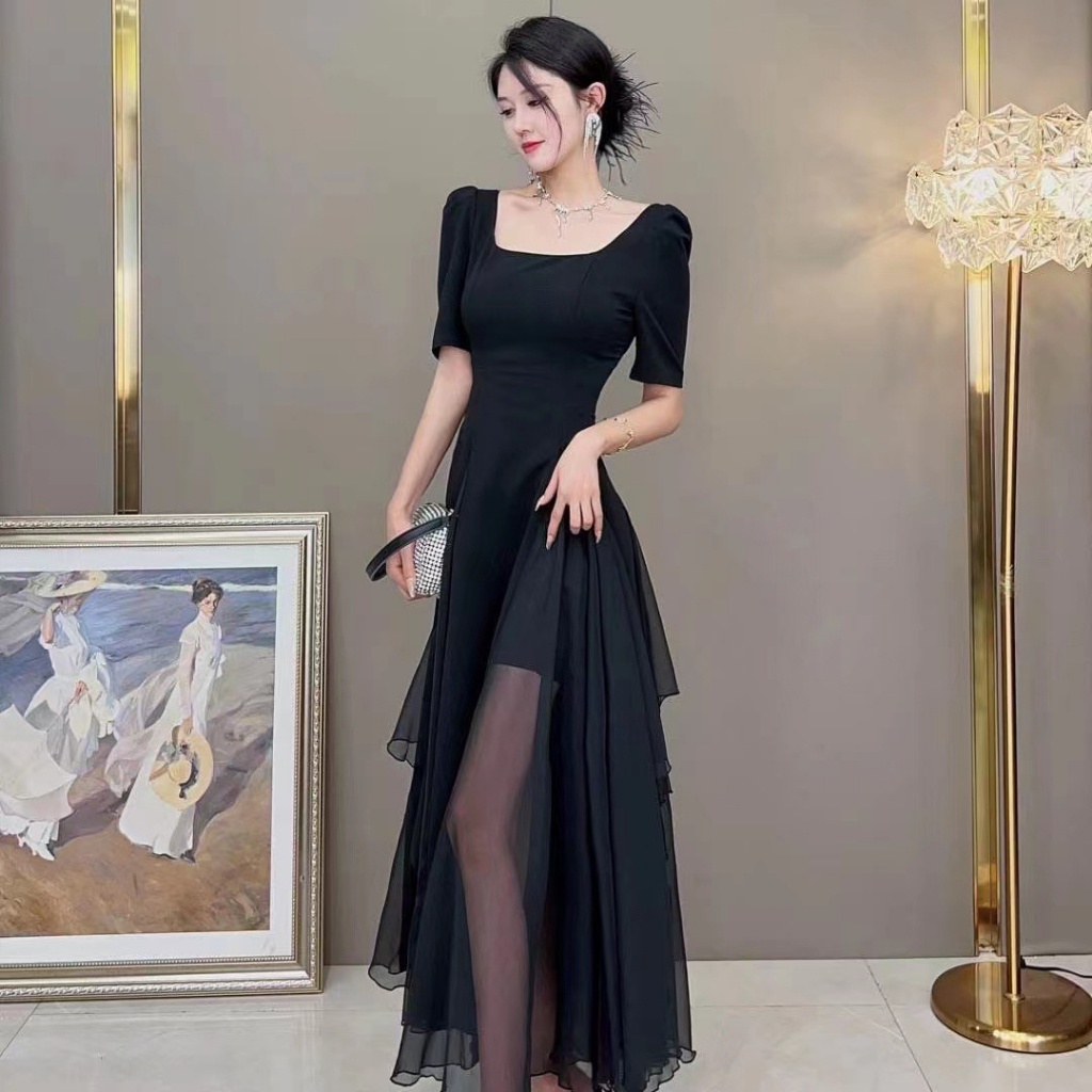 BestPromo Fan Dress Pesta Hitam Mewah Elegan/Dress Hitam Korea/Long Dress Hitam Polos