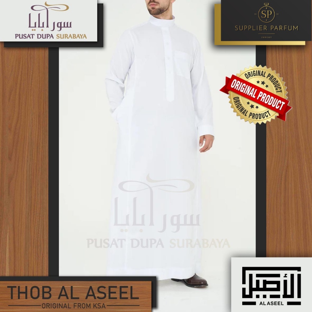 Thobe Gamis Saudi Al Aseel Original /Pria/Jubah/Putih/Premium/Import Dus & Papper Bag/Set