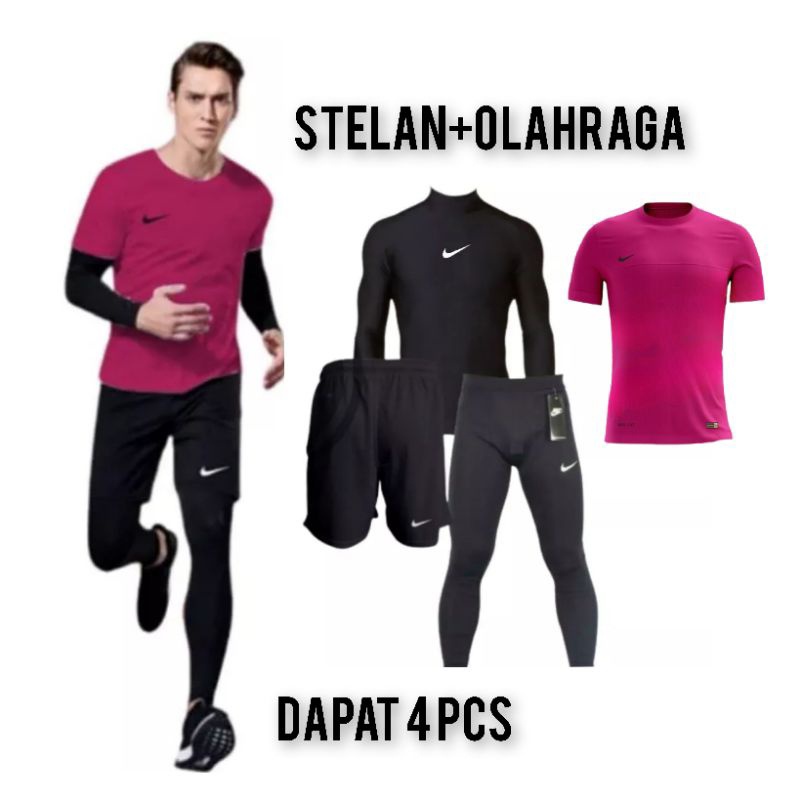 FULL SET 4 IN 1 - Stelan Olahraga Pria Baju Jersey Celana Pendek Legging Baselayer Panjang Dan Baju 