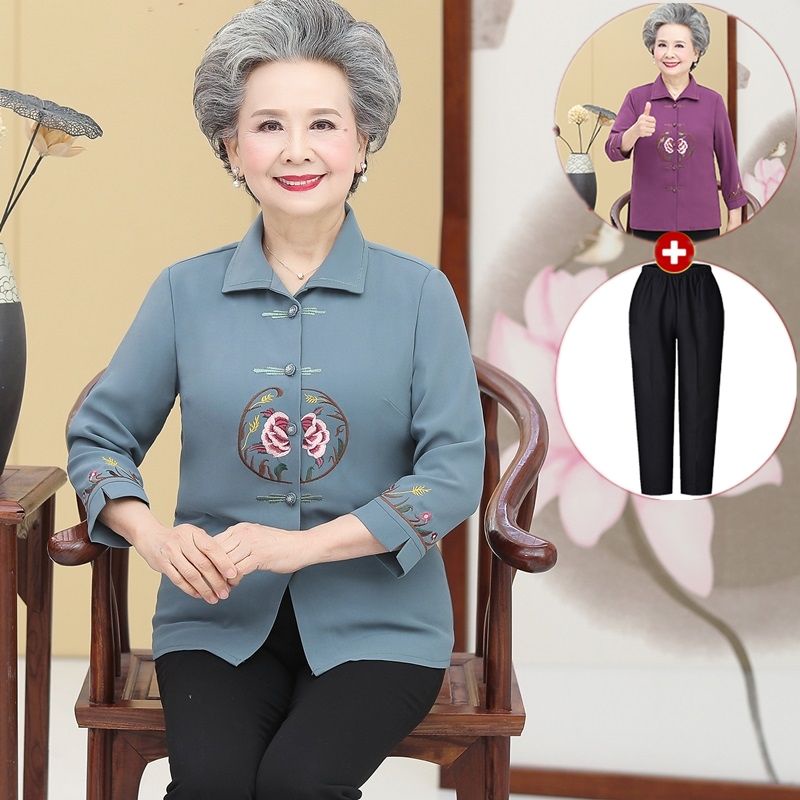 Mama, Musim Semi, Musim Gugur, Baju Musim Panas, Nenek, Baju Pria, Wanita Tua, Bordir