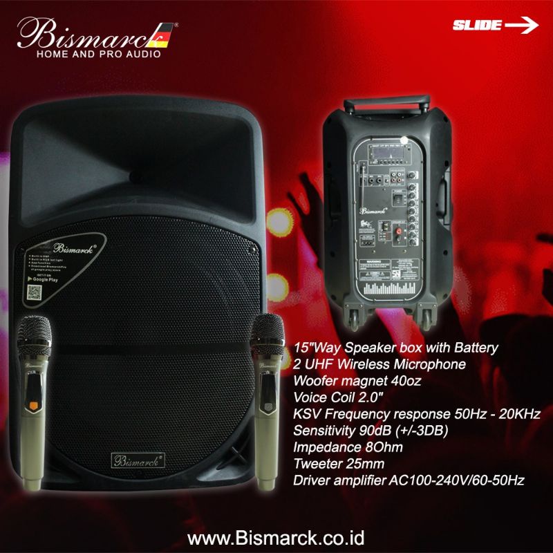 Speaker aktif portable wireless 15 inch Bismarck original like bt3h 1515bwr original garansi resmi
