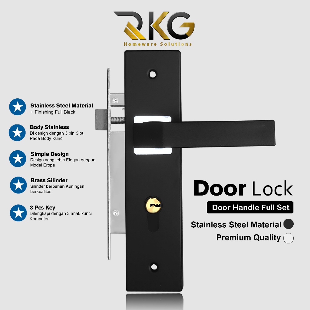 Set Kunci Pintu Tanggung KOTAK LENGKUNG HITAM / Set Gagang Pintu