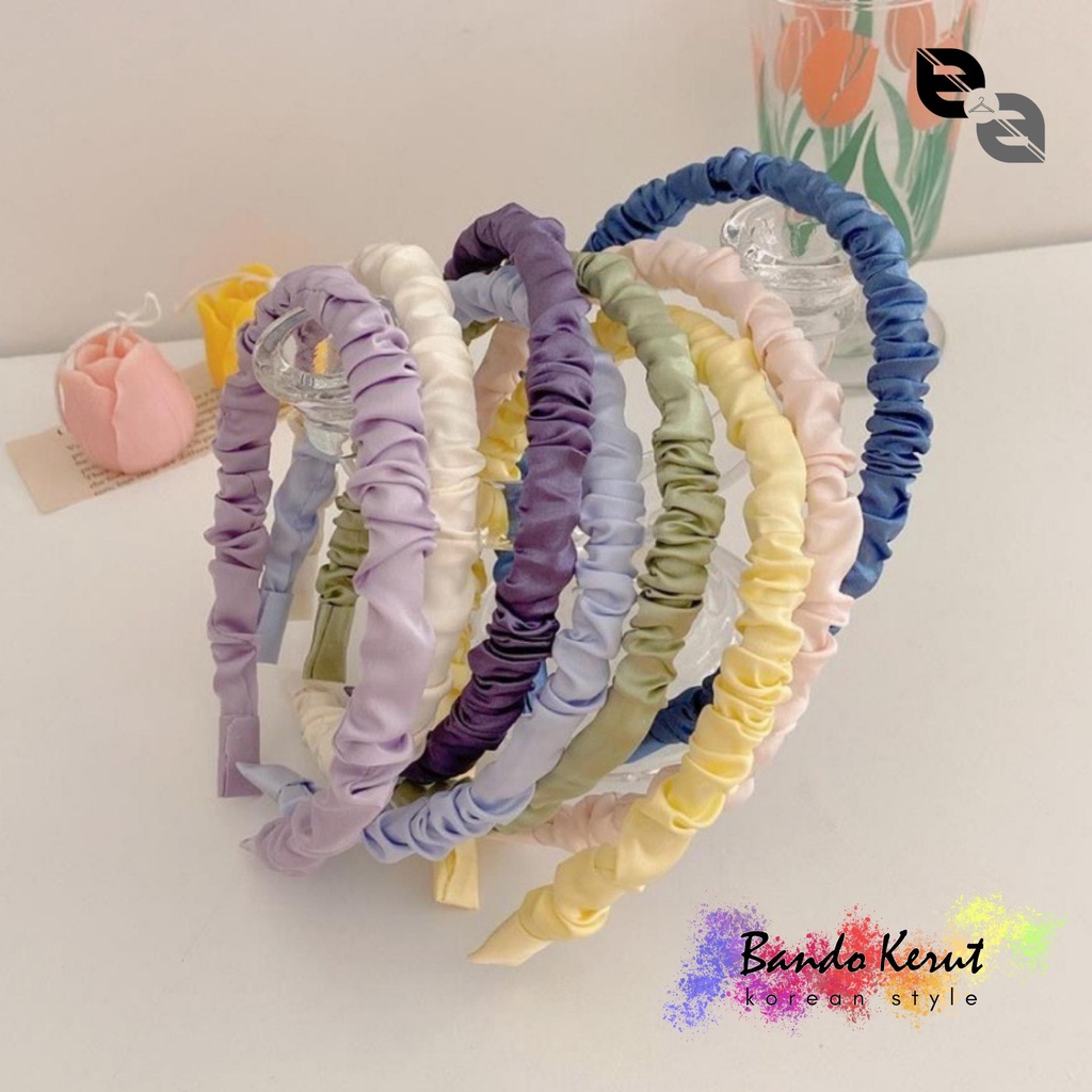 Bando Ala Korea Scrunchie Serut Kain Satin Kerut Bandana Headband Pastel Polos Lucu Murah