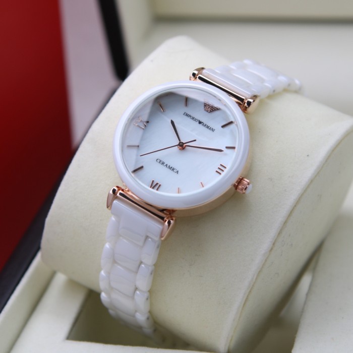 New Jam Tangan Wanita EA Ceramic Keramik Putih Analog Import Mewah