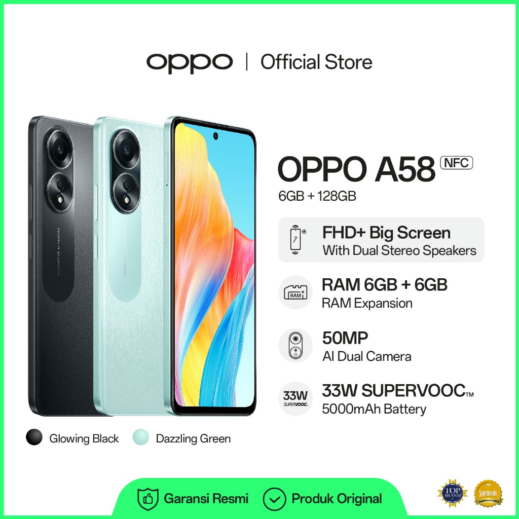 HP OPPO A58 6/128GB [6GB+6GB RAM Expansion, 5000mAh SUPERVOOC 33W, FHD+ Big Screen] GARANSI RESMI