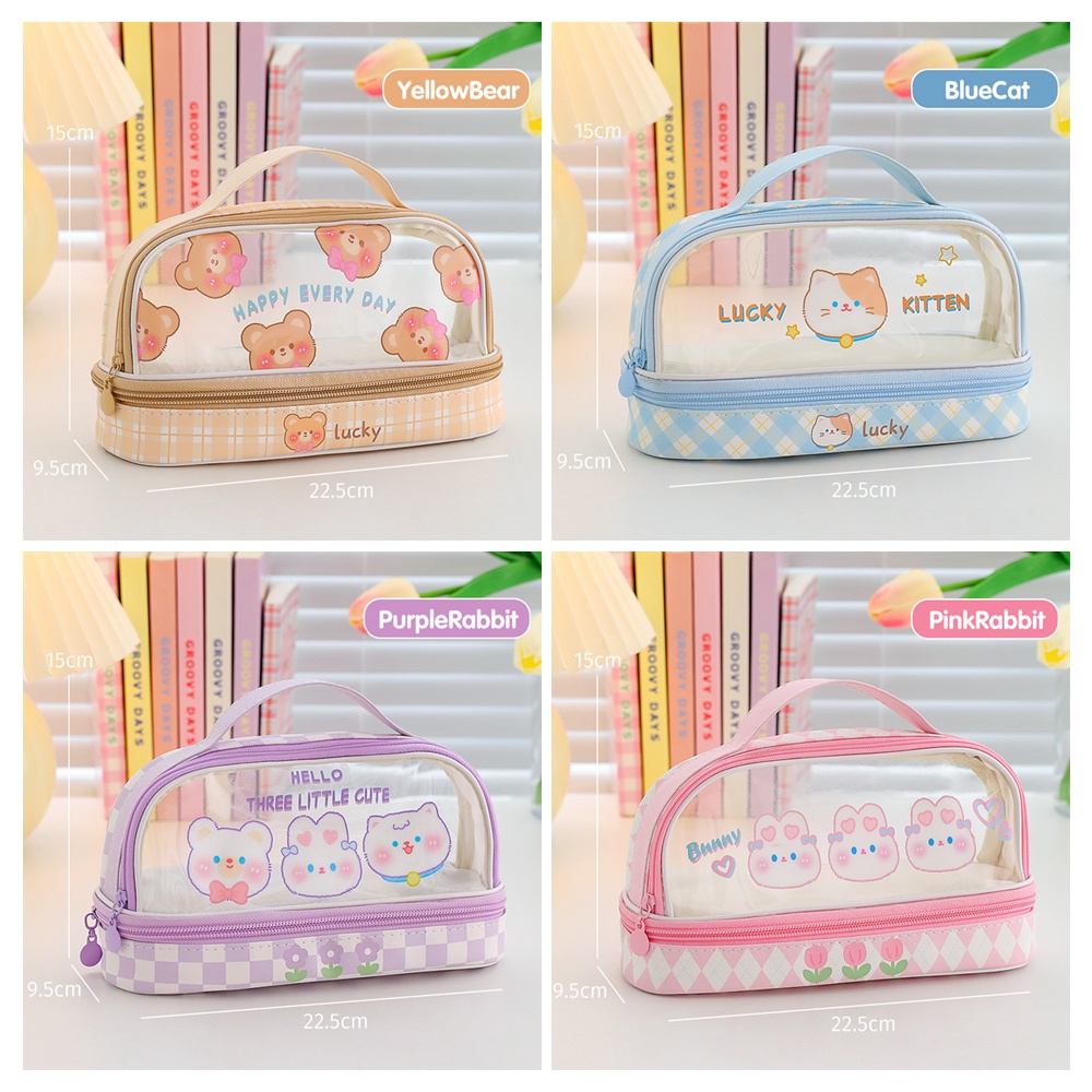 JCHO Tempat Pensil Transparan Kotak Pensil Anak Tas Pensil Zipper Motif Lucu Alat Tulis