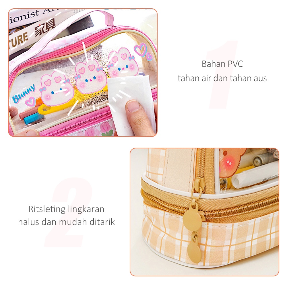 JCHO Tempat Pensil Transparan Kotak Pensil Anak Tas Pensil Zipper Motif Lucu Alat Tulis