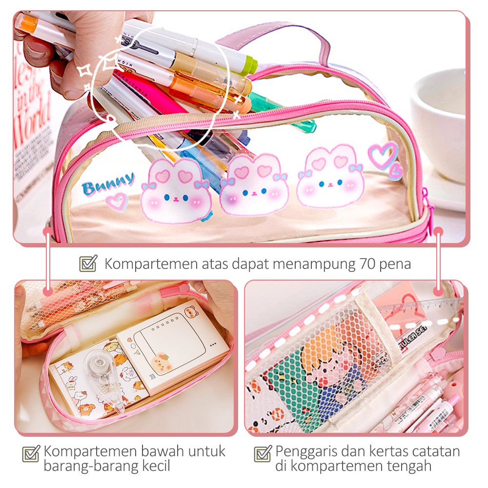 JCHO Tempat Pensil Transparan Kotak Pensil Anak Tas Pensil Zipper Motif Lucu Alat Tulis