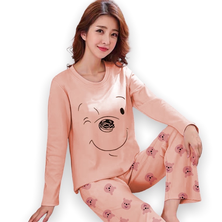 Sunchery   Baju Tidur Wanita Pooh Celana Panjang PP Allsize Lengan Panjang Baby Doll Bahan Kaos Dewa