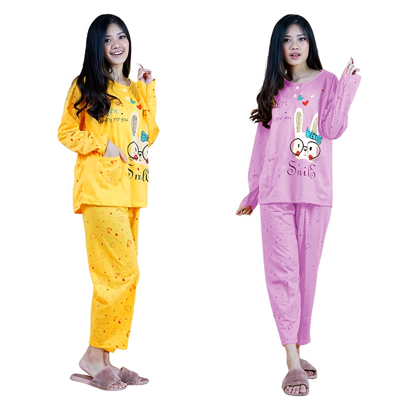 Sunchery   Baju Tidur Wanita Smile Celana Panjang PP Allsize Lengan Panjang Baby Doll Bahan Kaos Dew