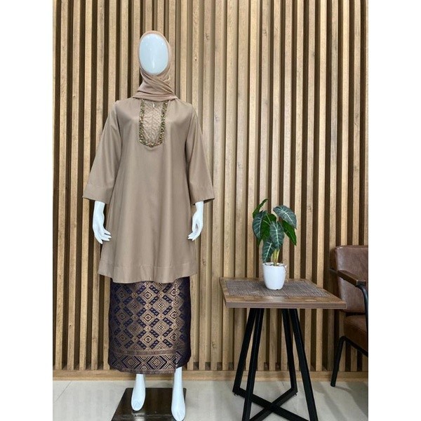 New Atasan tunik payet batu bahan toyobo/ baju kirung modern - mocca, M