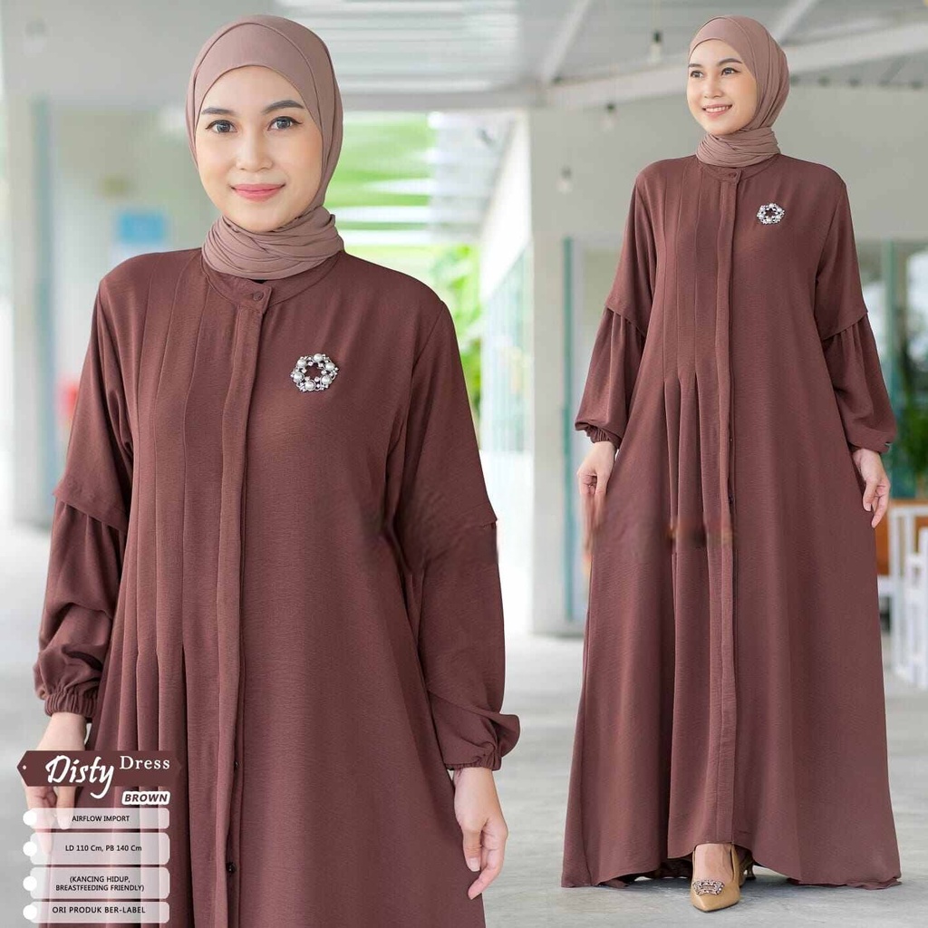 Disty Dress Gamis Wanita Muslim Motif polos Crinkle Airflow LD 110 Kancing Hidup TERBARU