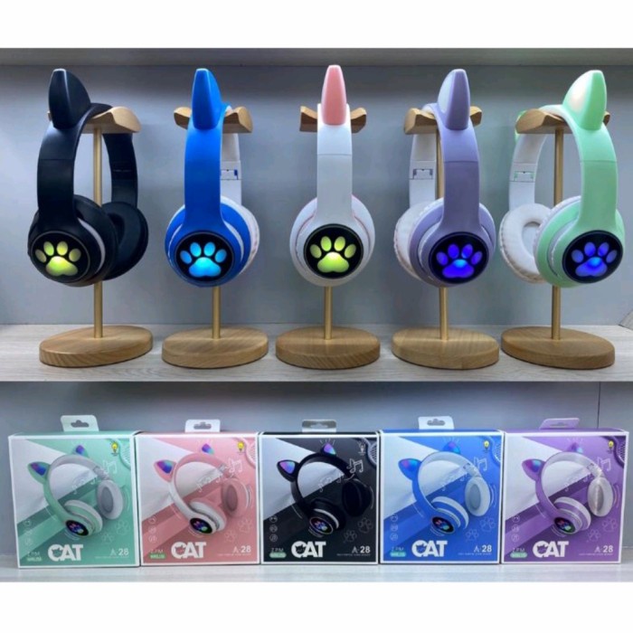 Headset Bluetooth Anak Karakter Telinga Kucing Pink Lucu Cat Ear - Biru