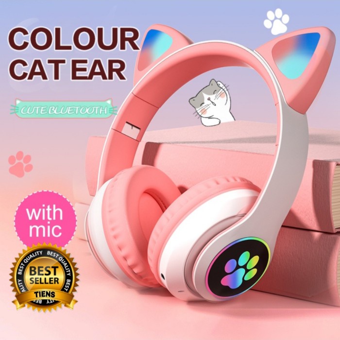 Headset Bluetooth Anak Karakter Telinga Kucing Pink Lucu Cat Ear - Biru