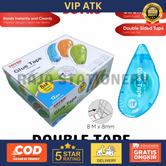 

JOYKO GLUE TAPE DOUBLE TAPE 8 METER ALAT LEM KERTAS ROLLER [12PCS] alat tulis kantor atk