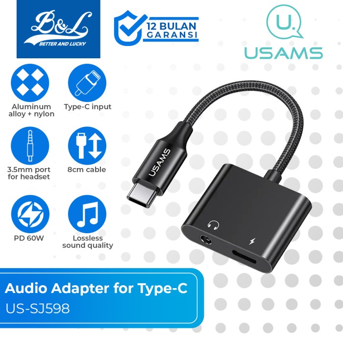 USAMS AU15 Audio Adapter Type-C to Jack 3.5mm Charging Port Type-C 60W