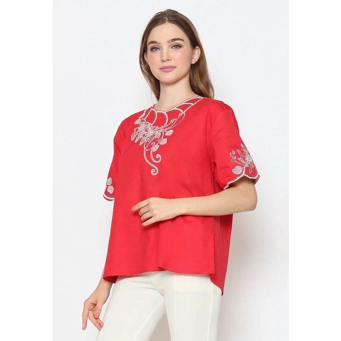 Voerin Blus Imlek Merah Bunga Bordir Leher