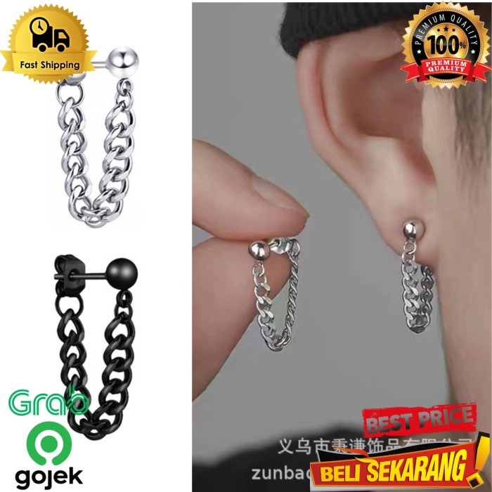Anting tindik korea kpop hitam titanium anti karat rantai silver , / anting pria / tindik pria / tin