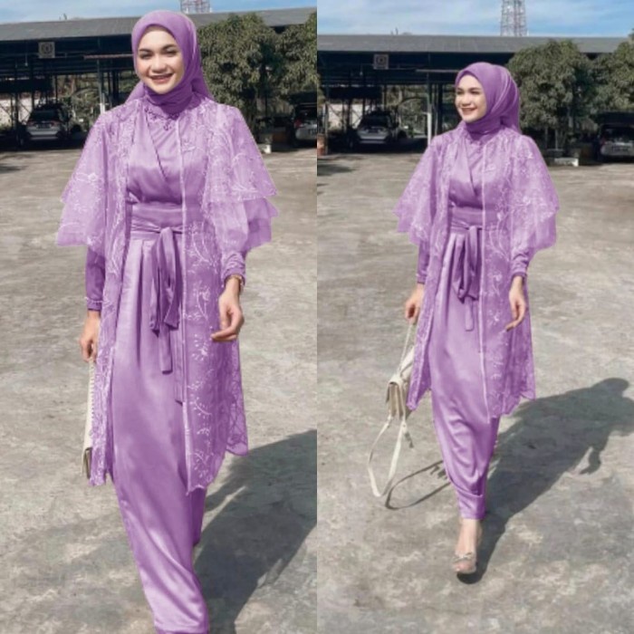 Maxi Dress Brukat Free Set Cardi Cardigan Baju Pesta Kondangan Wanita - Lilac, M