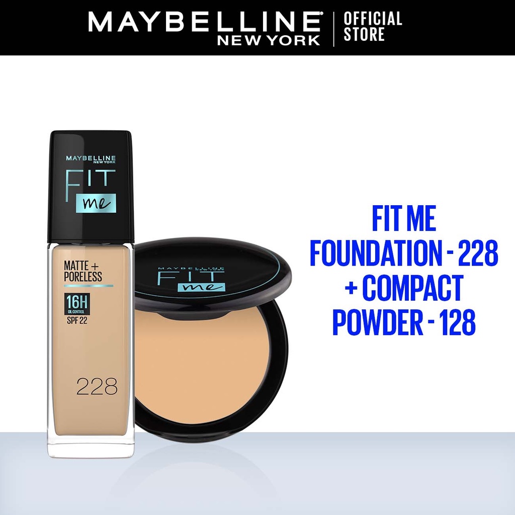Maybelline Fit Me Matte Poreless Liquid Foundation 228 + Fit Me Oil Control Powder 128-Bedak Make Up