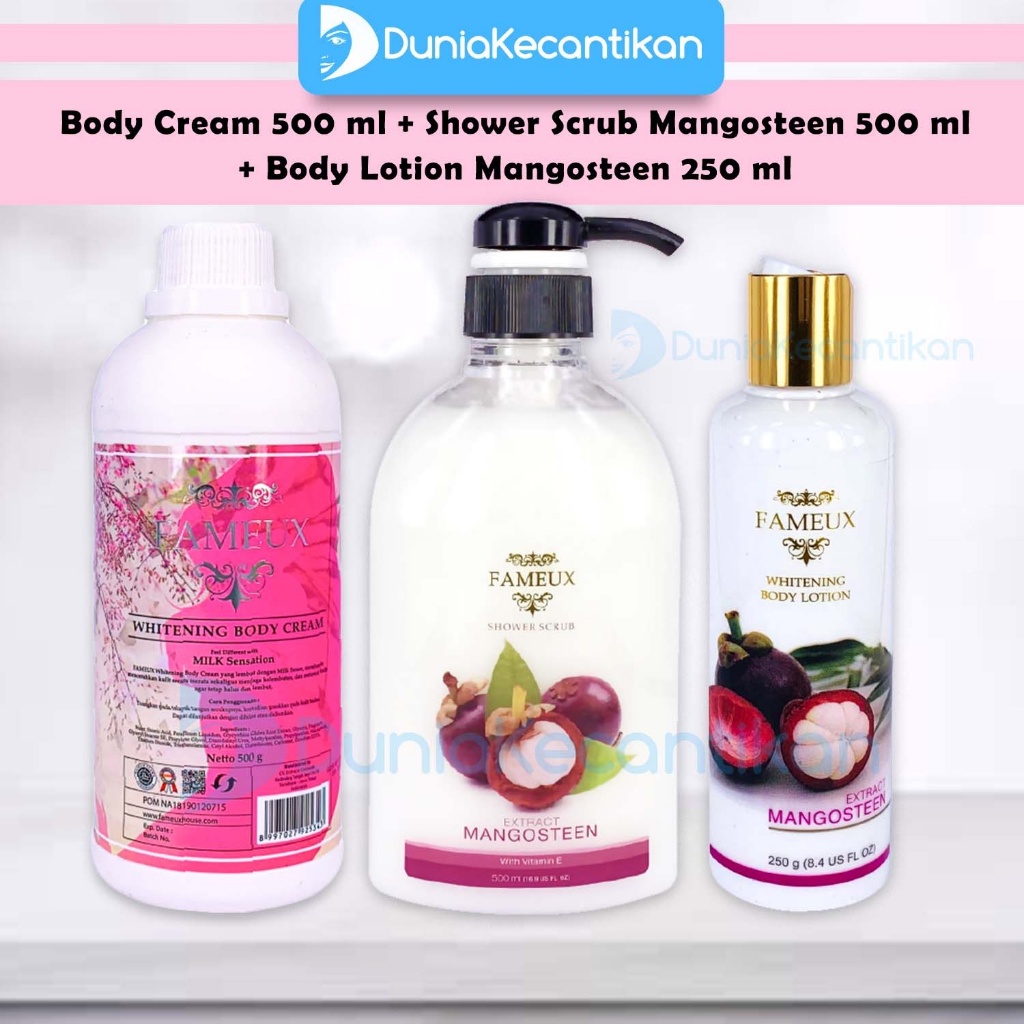 Fameux Paket Whitening Mangosteen 500ml Paket Pemutih Badan Fameux Bleaching + Shower Scrub + Body Lotion