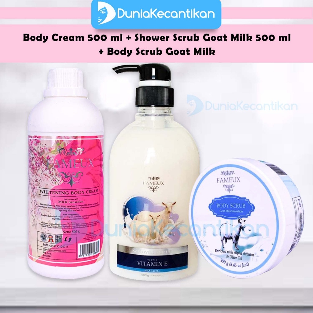 Fameux Paket Whitening Goat Milk 500ml Fameux Bleaching + Shower Scrub + Body Scrub Lulur Pemutih Badan | Paket Pemutih Badan