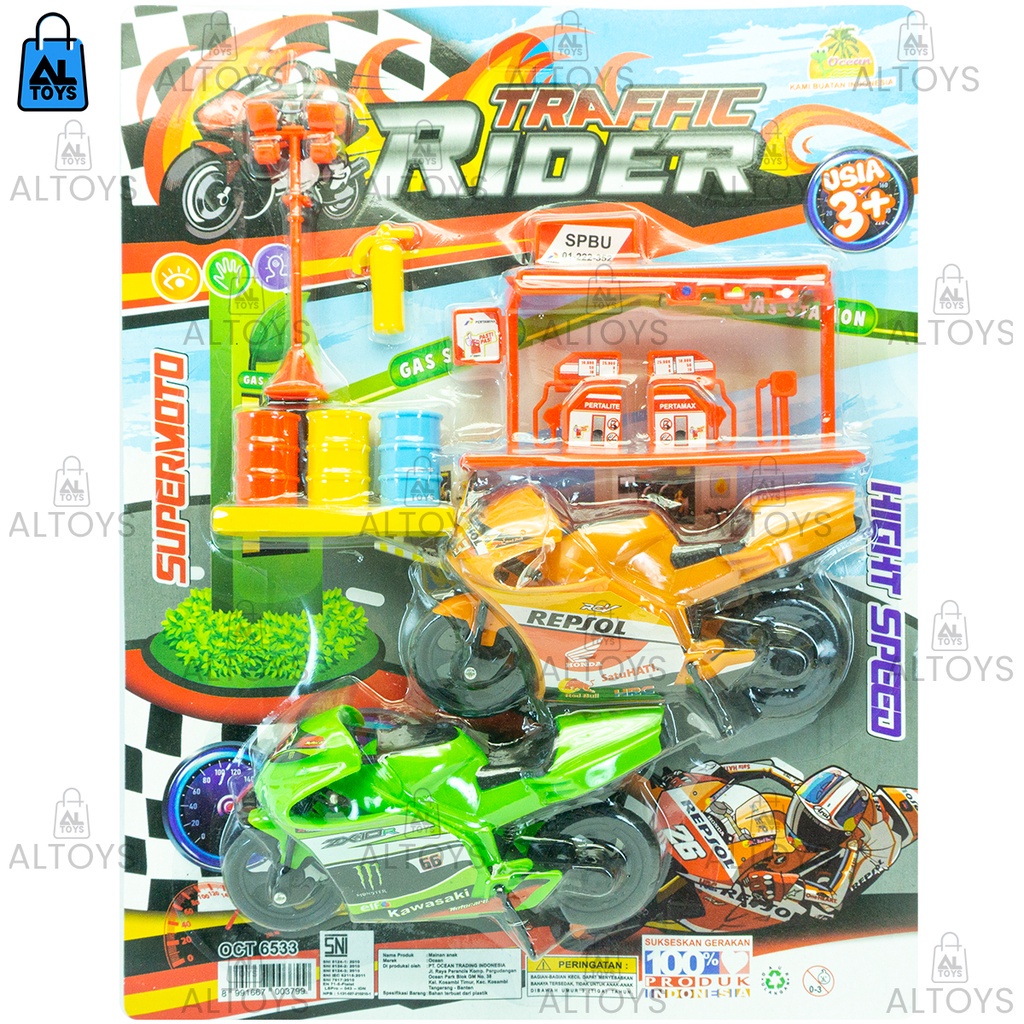 MAINAN ANAK MOTOR SPORT TRAFIFIC RIDER MOTOR GP BALAP ISI 2 PCS + POM BENSIN MINIATURE HAPPY KIDS MA