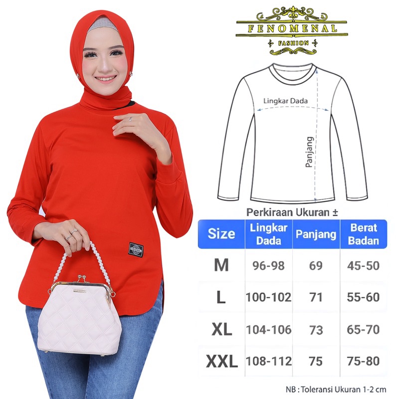 [MERAH - PUTIH EDITION] KAOS WANITA LENGAN PANJANG / BAWAHAN OVAL VIRAL TERBARU / BAHAN KATUN COMBAT20S BY FENOMENAL / PHENOMENAL ORIGINAL / KAOS WANITA LENGAN PANJANG MODEL SEMI TUNIK  / BISA COD