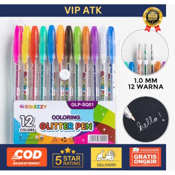 

PEN GEL GLITTER / PENA WARNA WARNI / PULPEN GEL 1.0mm (12 Warna)