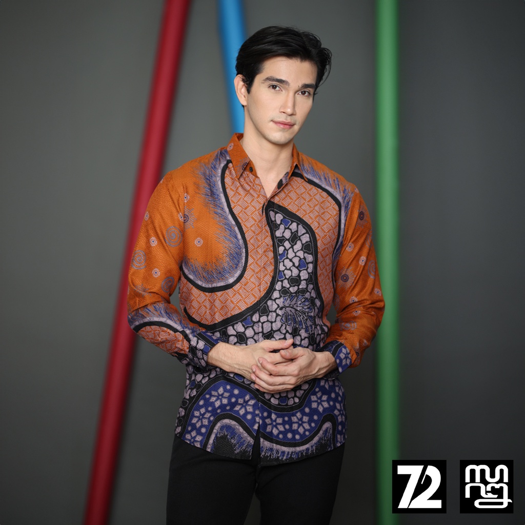 KEMEJA BATIK PRIA LENGAN PANJANG Kemeja Dobby Slimfit Motif Elegant Warna Orange Ungu 724069 Cap 72 