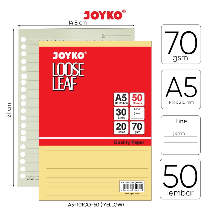 

Loose Leaf Color Isi Kertas File Binder Warna Joyko A5 - 101CO Yellow