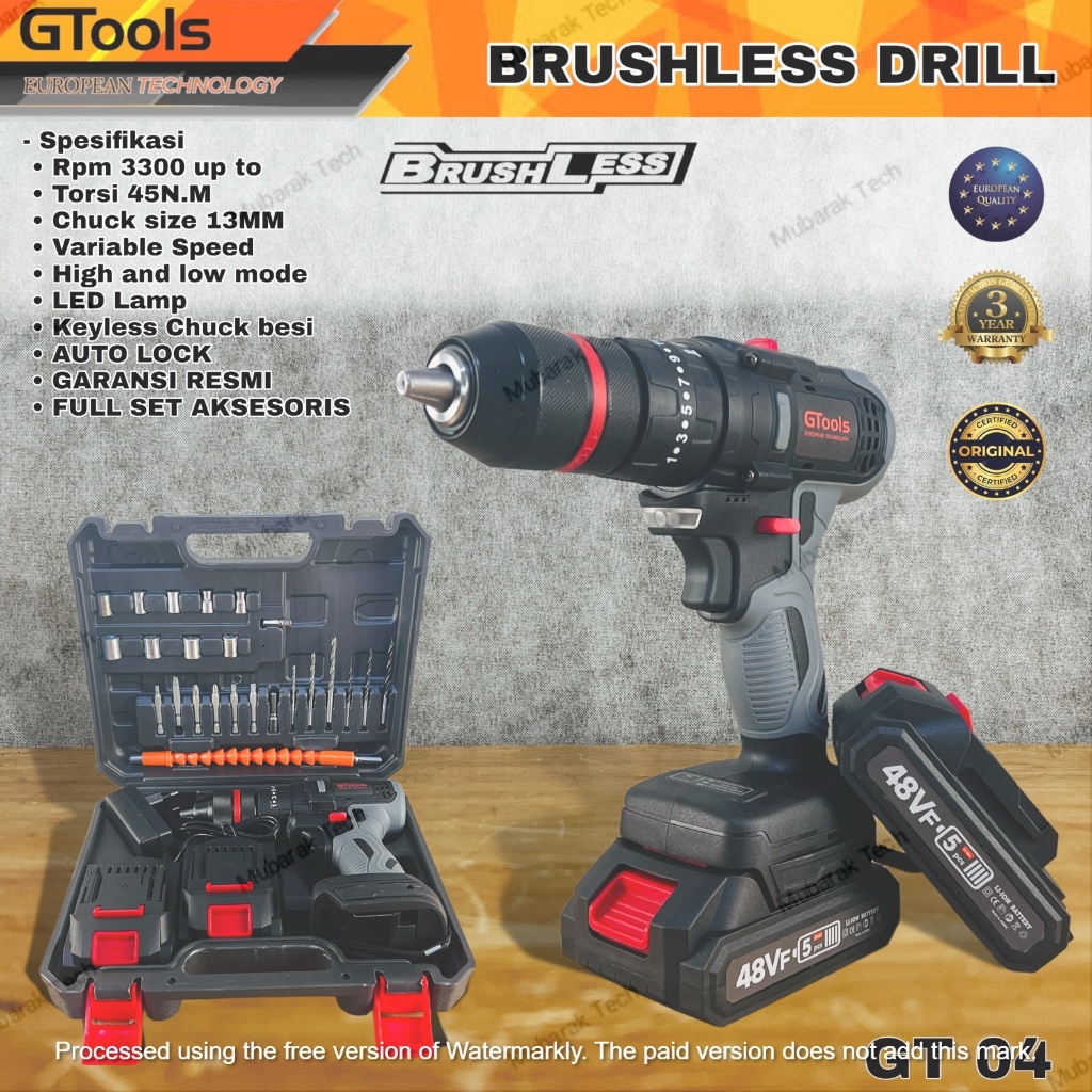 Mesin Bor Impact Brushless GTools GT04 13mm 48Vf 2 Baterai Koper
