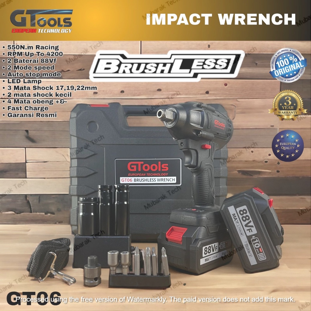 Mesin Pembuka baut Impact Wrench GTools GT06 550NM 2 Baterai Koper