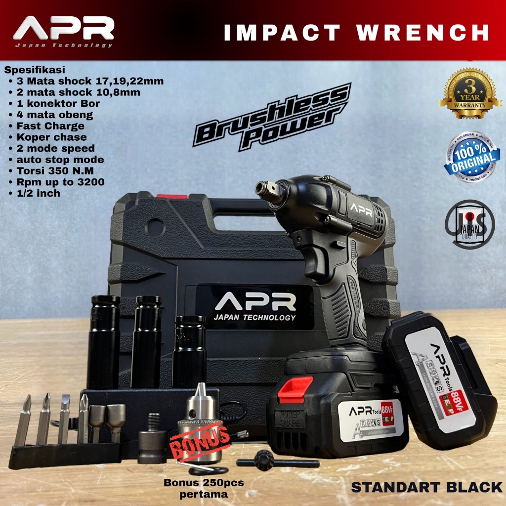 Mesin Pembuka Baut Impact Wrench APR Japan Techonology Standart Black 350NM Mubarak Tech
