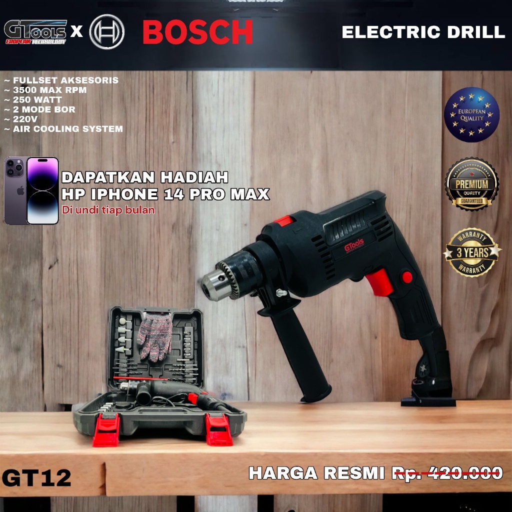 DISKON 90% Mesin Bor Tangan Listrik Bosch GT12 13mm 250W Low Watt Kualitas Premium Mubarak Tech Jaka