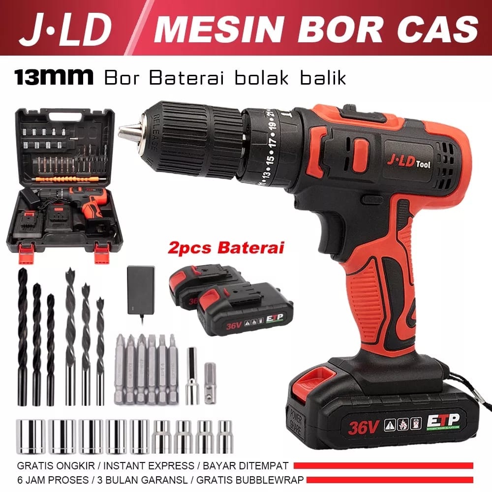 Mesin Bor Cordless Impact Drill JLD Bor 13mm 36vf 2 Baterai Fullset