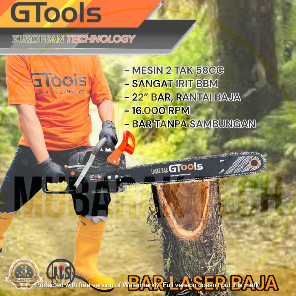 Mesin Potong Kayu Chainsaw Senso 2 Tak 58cc 22 Inch Laser Bar GTools GT24