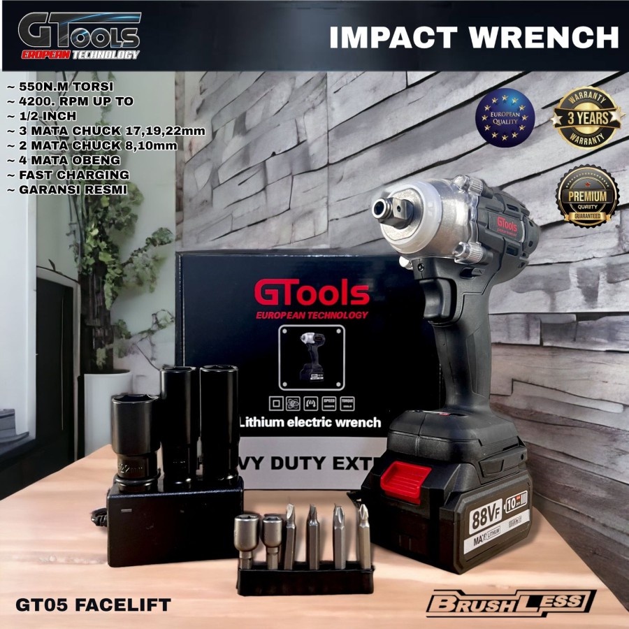 DISKON 90% Mesin Pembuka Baut impact Wrench GTools GT05 Facelift Limited 550NM 1 Baterai Premium Eko