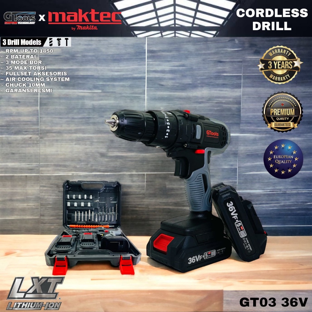 DISKON 90% Mesin Bor Cordless Maktec GT03 10mm 36VF 2 Baterai Fullset Koper Kualitas Premium Terbaik