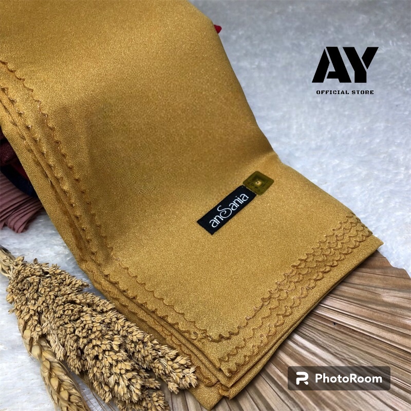 (COD)jilbab segiempat ansania glamour ORIGINAL laser cut size 110x110 motif gliter warna kuning gold