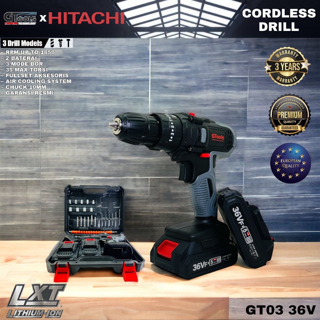 DISKON 90% Mesin Bor Cordless Hitachi GT03 10mm 36VF 2 Baterai Fullset Koper Kualitas Premium Terbai