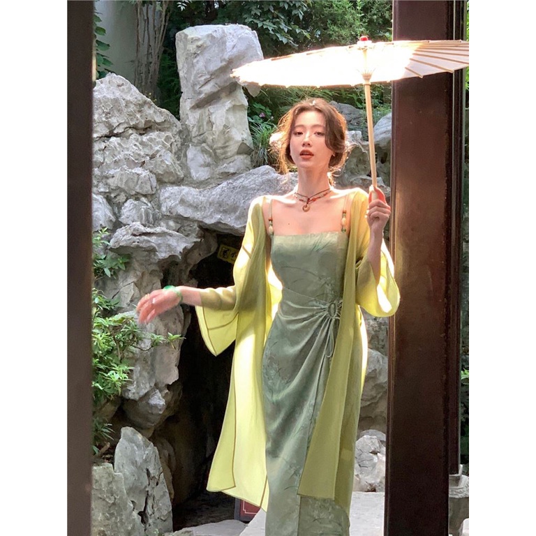 Lock Qingqiu New Chinese Two Color New Chinese Satin Dress with Suspended Dress+Cardigan Sunscreen