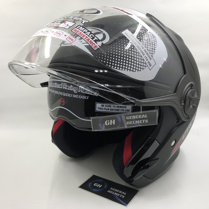 HELM NHK GLADIATOR SOLID BLACK DOFF HITAM DOP DOUBLE VISOR - M